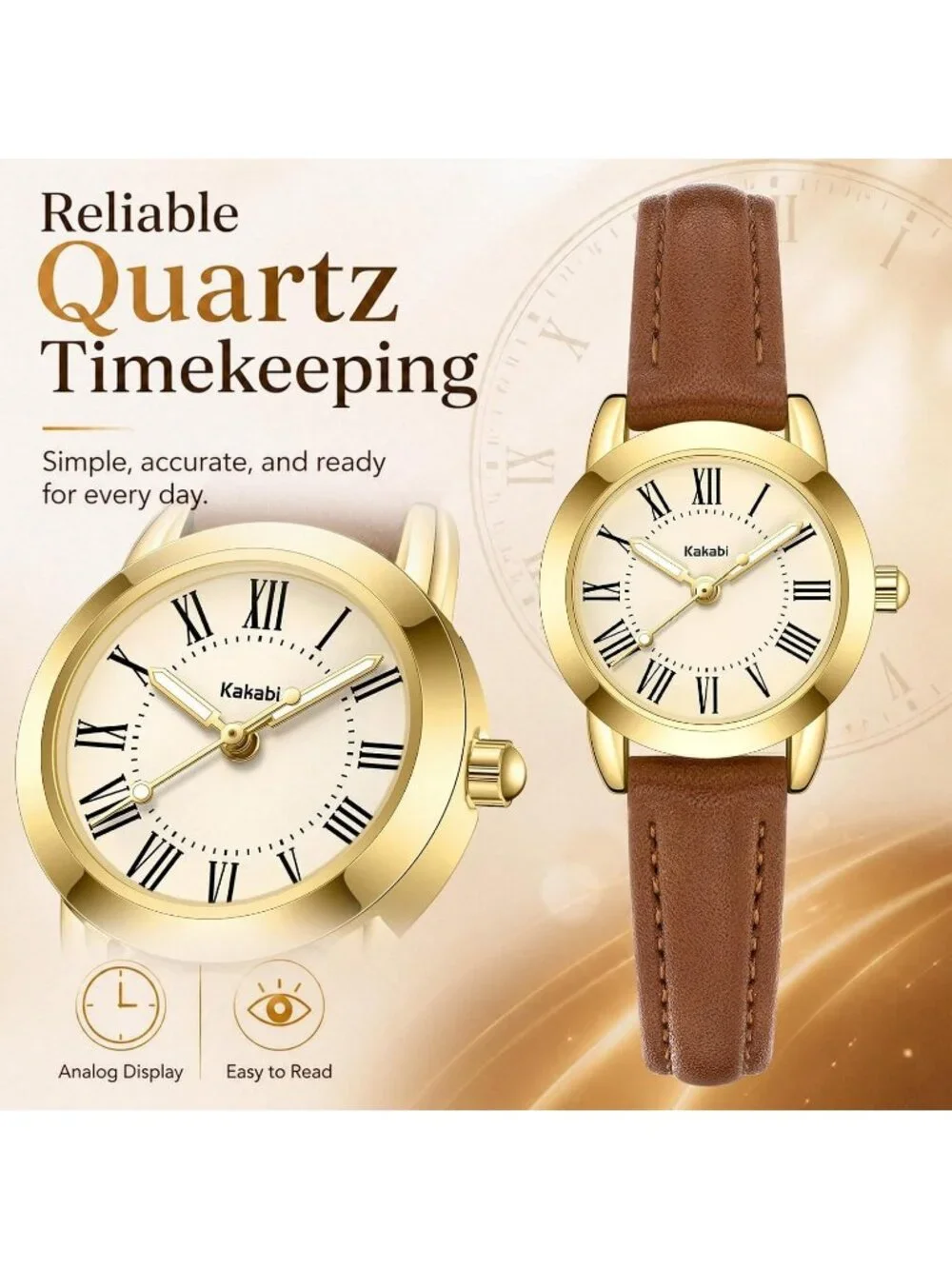 Women's Brown Gold Vintage Analog Slim Leather Strap Quartz Movement Wristwatch